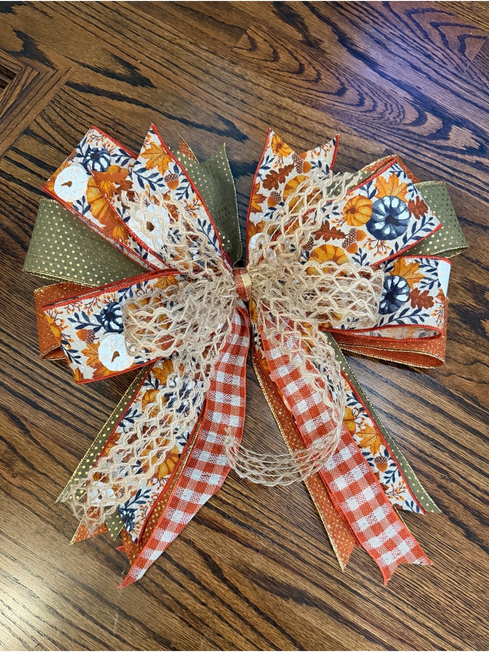 Hand-Tied Autumn Bow - Orange, Green, Cream